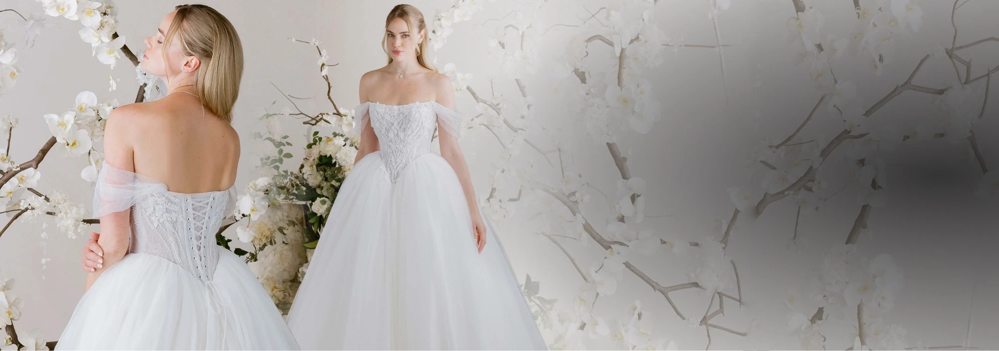 Modes wearing white dresses by Mori Lee Spring 2025