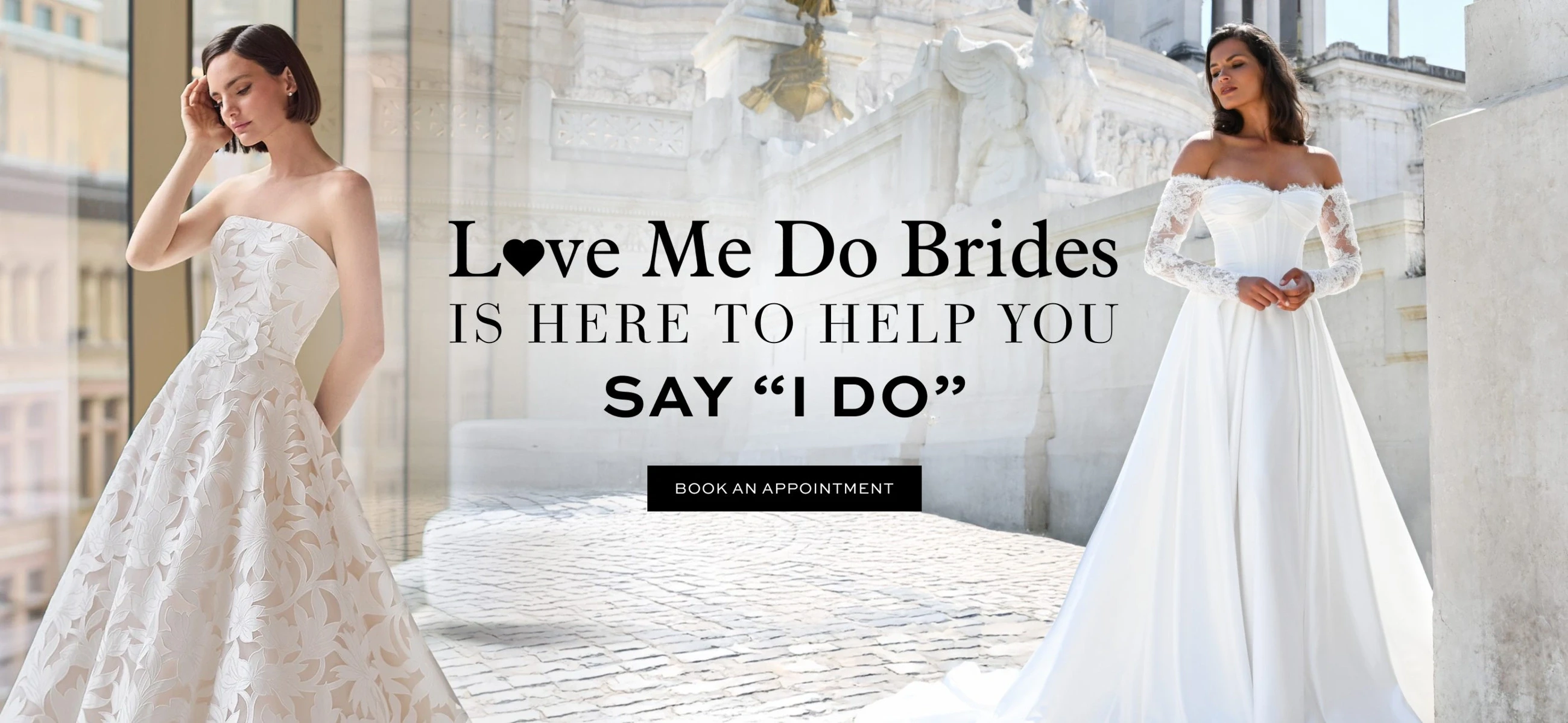 Models wearing Paloma Blanca and Dando London wedding dresses, desktop banner