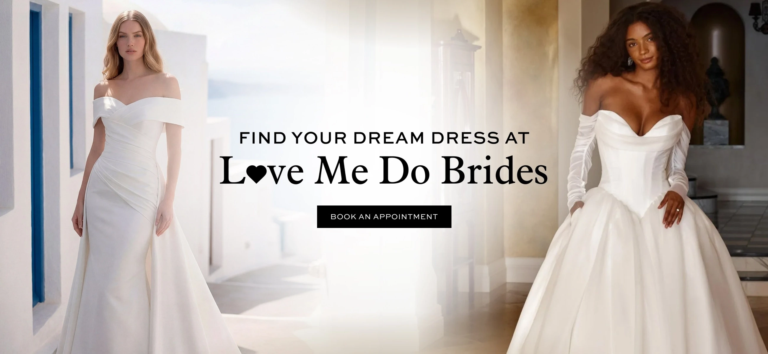 Models wearing Madi Lane and Morilee wedding dresses, desktop banner